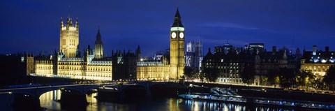 Framed Buildings lit up at dusk, Westminster Bridge, Big Ben, Houses Of Parliament, Westminster, London, England Print