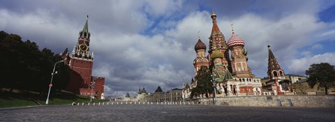 Framed Low angle view of a cathedral, St. Basil's Cathedral, Spasskaya Tower, Kremlin, Moscow, Russia Print