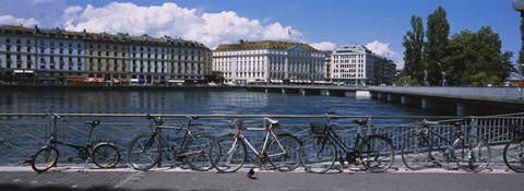 Framed Buildings at the waterfront, Rhone River, Geneva, Switzerland Print