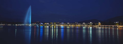 Framed Buildings lit up at night, Jet D&#39;eau, Lake Geneva, Lausanne, Switzerland Print
