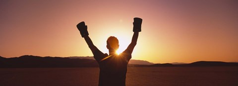 Framed Silhouette of a person wearing boxing gloves in a desert at dusk, Black Rock Desert, Nevada, USA Print