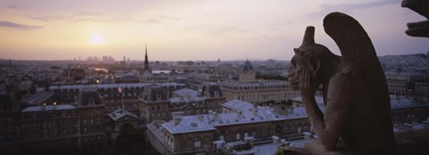 Framed Chimera sculpture with a cityscape in the background, Galerie Des Chimeres, Notre Dame, Paris, Ile-De-France, France Print