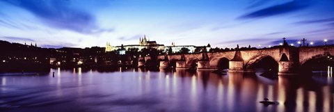 Framed Arch bridge across a river with a cathedral, St. Vitus Cathedral, Hradcany Castle, Vltava river, Prague, Czech Republic Print