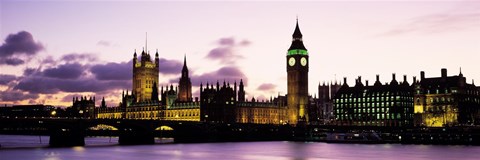 Framed Buildings lit up at dusk, Big Ben, Houses of Parliament, Thames River, City Of Westminster, London, England Print