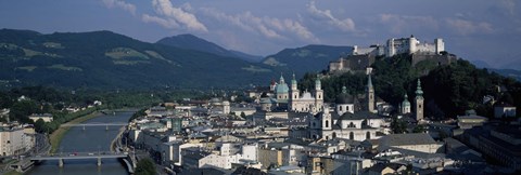 Framed High angle view of a castle on top of a mountain, Hohensalzburg Fortress, Salzach River, Salzburg, Austria Print