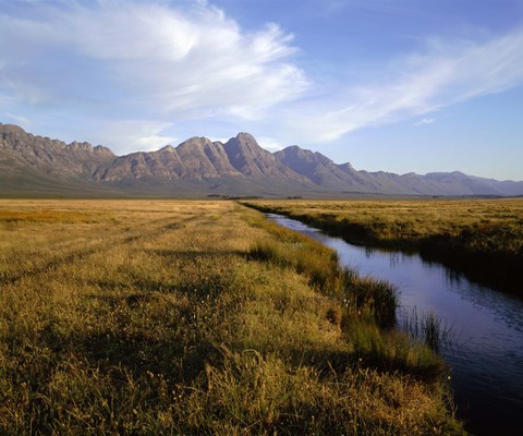 Framed River with a mountain range in the background, Hermon Farm, outside of Cape Town, South Africa Print