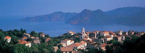 Framed High angle view of a town at the coast, Piana, Corsica, France Print