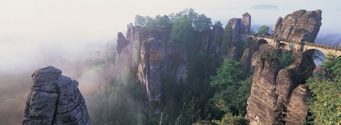 Framed Bridge passing through cliffs, Bastei Bridge, Saxon Switzerland National Park, Dresden, Saxony, Germany Print