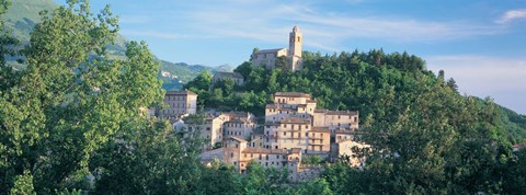 Framed Buildings surrounded by trees, Montefortino, Province of Ascoli Piceno, Marches, Italy Print