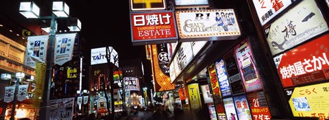 Framed Commercial signboards lit up at night in a market, Shinjuku Ward, Tokyo Prefecture, Kanto Region, Japan Print