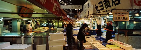 Framed Customers buying fish in a fish market, Tsukiji Fish Market, Tsukiji, Tokyo Prefecture, Kanto Region, Japan Print