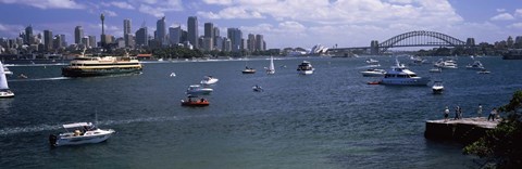 Framed Boats in the sea with a bridge in the background, Sydney Harbor Bridge, Sydney Harbor, Sydney, New South Wales, Australia Print