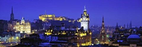 Framed Buildings lit up at night with a castle in the background, Edinburgh Castle, Edinburgh, Scotland Print