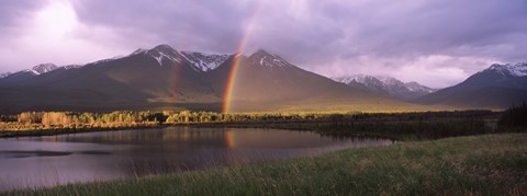 Framed Double rainbow over mountain range, Alberta, Canada Print