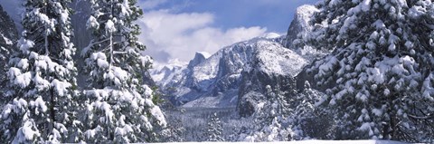 Framed Mountains and waterfall in snow, Tunnel View, El Capitan, Half Dome, Bridal Veil, Yosemite National Park, California Print