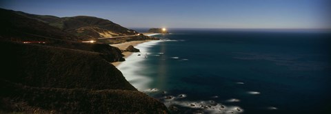 Framed Lighthouse at the coast, moonlight exposure, Big Sur, California, USA Print
