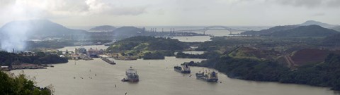 Framed Container ships in a canal, Miraflores, Panama Canal, Panama Print