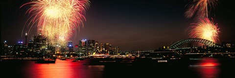 Framed Firework display at New year&#39;s eve in a city, Cremorne Point, Sydney, New South Wales, Australia Print