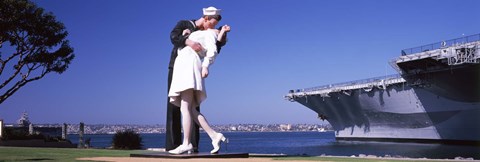 Framed Kiss between sailor and nurse sculpture, Unconditional Surrender, San Diego Aircraft Carrier Museum, San Diego, California, USA Print