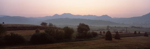 Framed Agricultural field with a mountain range in the background, Transylvania, Romania Print