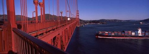 Framed Container ship passing under a suspension bridge, Golden Gate Bridge, San Francisco Bay, San Francisco, California, USA Print