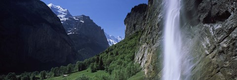 Framed Waterfall in a forest, Staubbach Falls, Mt Jungfrau, Lauterbrunnen Valley, Bernese Oberland, Berne Canton, Switzerland Print