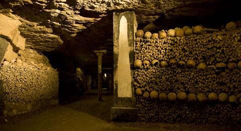 Framed Stacked bones in catacombs, Paris, Ile-de-France, France Print