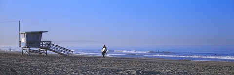 Framed Rear view of a surfer on the beach, Santa Monica, Los Angeles County, California, USA Print