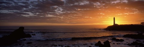 Framed Lighthouse at sunset, Pigeon Point Lighthouse, San Mateo County, California, USA Print