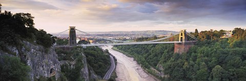 Framed Bridge across a river at sunset, Clifton Suspension Bridge, Avon Gorge, Avon River, Bristol, England Print