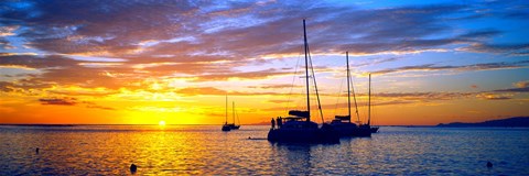 Framed Silhouette of sailboats in the ocean at sunset, Tahiti, Society Islands, French Polynesia Print