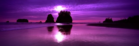 Framed Silhouette of sea stacks at sunset, Second Beach, Washington State Print