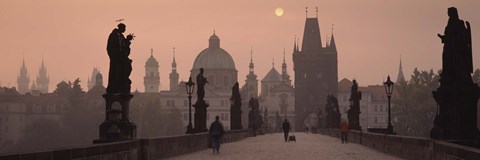 Framed Charles Bridge at dusk with the Church of St. Francis in the background, Old Town Bridge Tower, Prague, Czech Republic Print