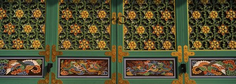 Framed Paintings on the door of a Buddhist temple, Kayasan Mountains, Haeinsa Temple, Gyeongsang Province, South Korea Print