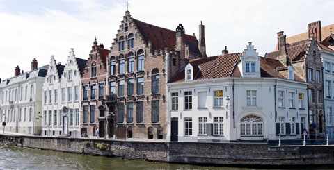 Framed Houses along a canal, Bruges, West Flanders, Belgium Print
