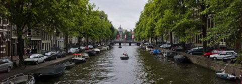 Framed Boats in a canal, Amsterdam, Netherlands Print