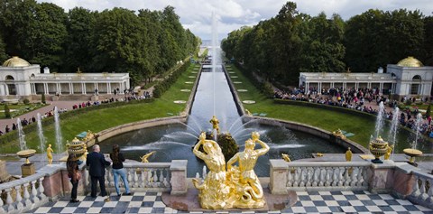 Framed Golden statue and fountain at Grand Cascade at Peterhof Grand Palace, St. Petersburg, Russia Print