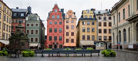 Framed Benches at a small public square, Stortorget, Gamla Stan, Stockholm, Sweden Print