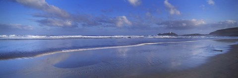 Framed Beach at sunrise, Gwithian Beach, Godrevy Lighthouse, Cornwall, England Print