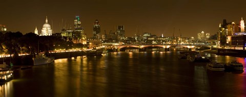 Framed View of Thames River from Waterloo Bridge at night, London, England Print