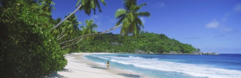 Framed Woman walking on the beach, Anse Takamaka Beach, Mahe Island, Seychelles Print