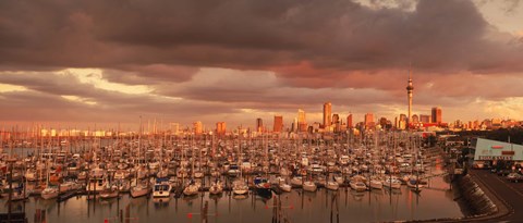 Framed Yachts at Waitemata Harbor on a cloudy day, Sky Tower, Auckland, North Island, New Zealand Print