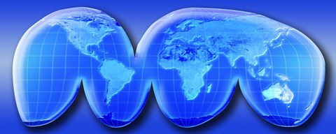 Framed Map of World from Goode&#39;s Homolosine Projection (blue) Print
