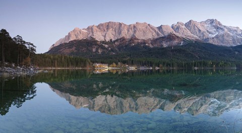 Framed Wetterstein Mountains, Zugspitze Mountain and Eibsee Hotel reflecting in Lake Eibsee, Bavaria, Germany Print