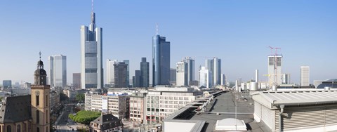 Framed City skyline with St. Catherine's Church from over the rooftop of the Cathedral Museum, Frankfurt, Hesse, Germany Print