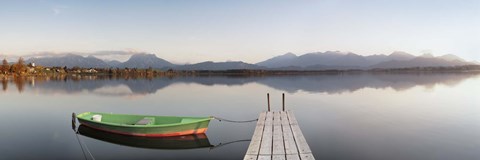 Framed Rowboat moored at a jetty on Lake Hopfensee, Ostallgau, Bavaria, Germany Print