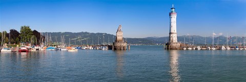 Framed Entrance of the harbor with the Bavarian lion and the lighthouse, Lindau, Lake Constance, Bavaria, Germany Print