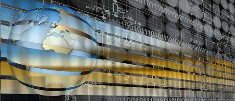 Framed Digital representation of the Earth with grid lines and binary digits Print