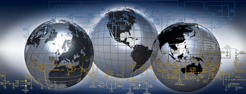 Framed Three globes with electronic diagram Print