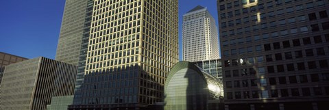 Framed Low angle view of towers, Canary Wharf Tower, South Quay, Isle of Dogs, London, England Print